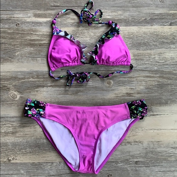 Women's Delia’s Floral And Ruffle Triangle Bikini Swimsuit Large - Picture 1 of 12
